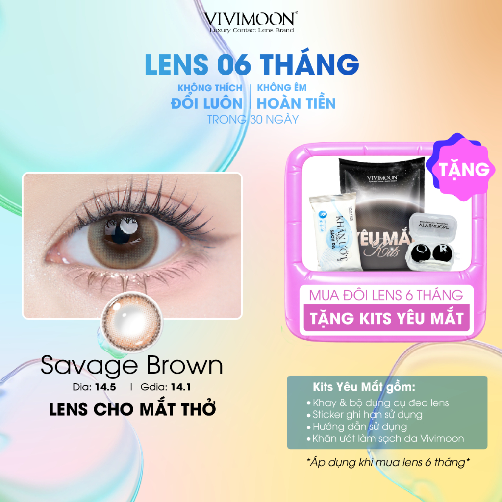 Kính áp tròng VIVIMOON EYECONIC lens cận cho mắt thở màu nâu baby Savage Brown, giãn tròng to 14.5mm