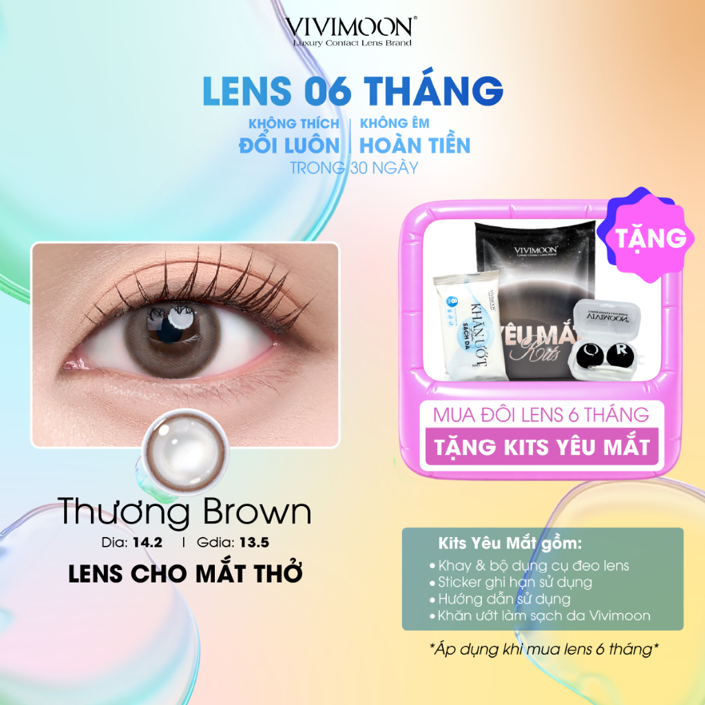 Kính áp tròng VIVIMOON màu nâu THƯƠNG BROWN, lens cận cho mắt thở, hạn sử dụng 6 tháng độ cận 0-8