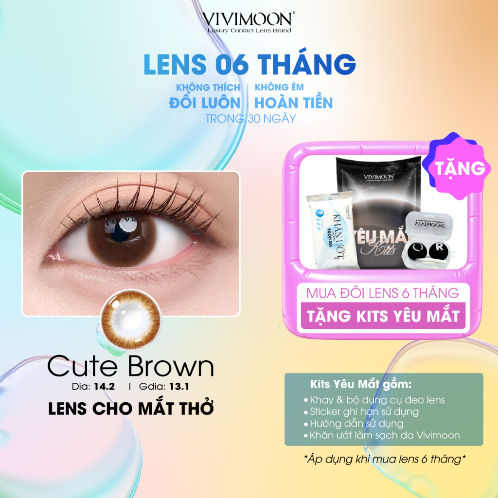 Kính áp tròng cận VIVIMOON LENS cận nâu tự nhiên cho mắt thở Cute Brown hạn sử dụng 6 tháng