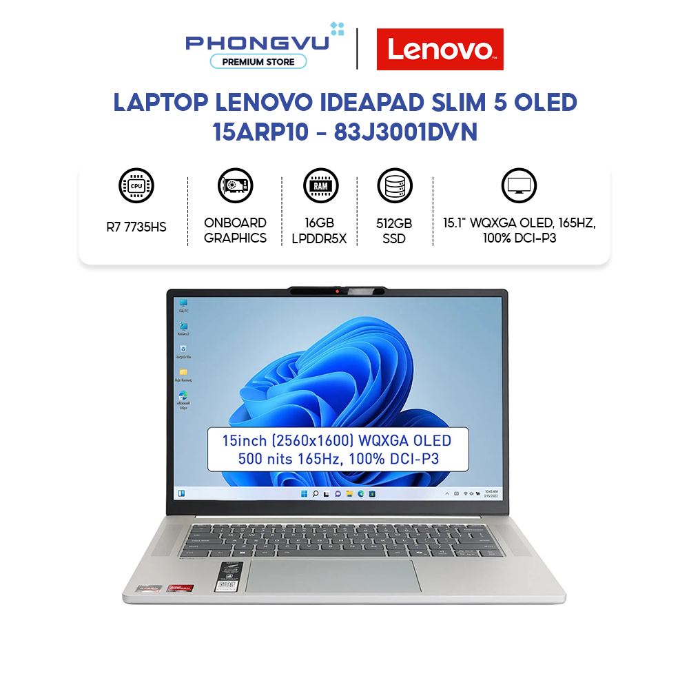 Laptop Lenovo IdeaPad Slim 5 OLED 15ARP10 - 83J3001DVN (Ryzen 7 7735HS/ Onboard graphics/ 16GB/ 512G