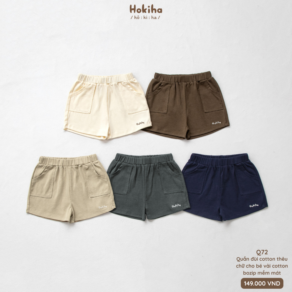 Quần Đùi Phối Túi Thêu Chữ Gấu Quần Cho Bé Trai Bé Gái Hokiha Vải Cotton Mềm Mại, Thoáng Mát Size 8-