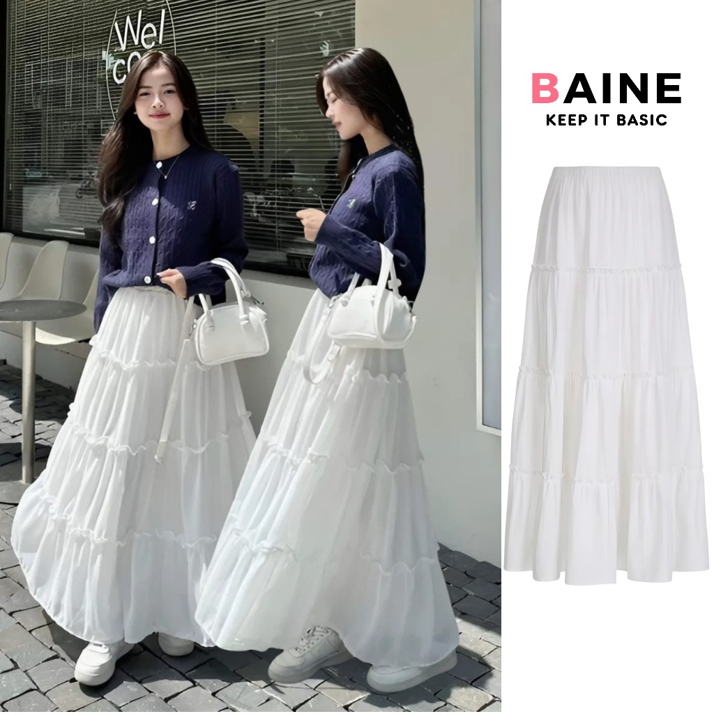 Chân Váy Voan Lụa Dáng Dài 2 Lớp Kiểu Trơn Midi Có Lót Trong Cạp Chun Lưng BAINE - CV19