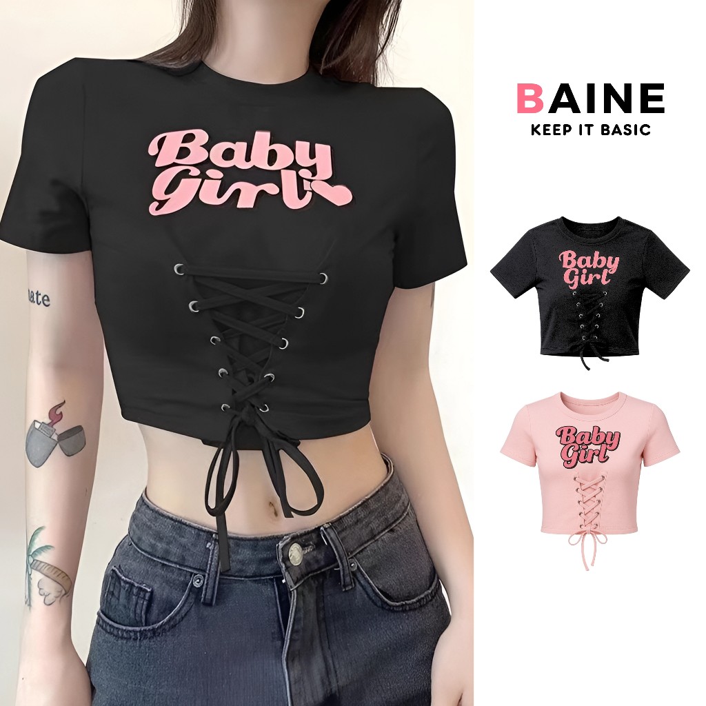 Áo Thun Nữ Croptop Ngắn Tay CR137, Chất Thun Borip Ôm Body Đan Dây In Chữ BabyGirl Baine