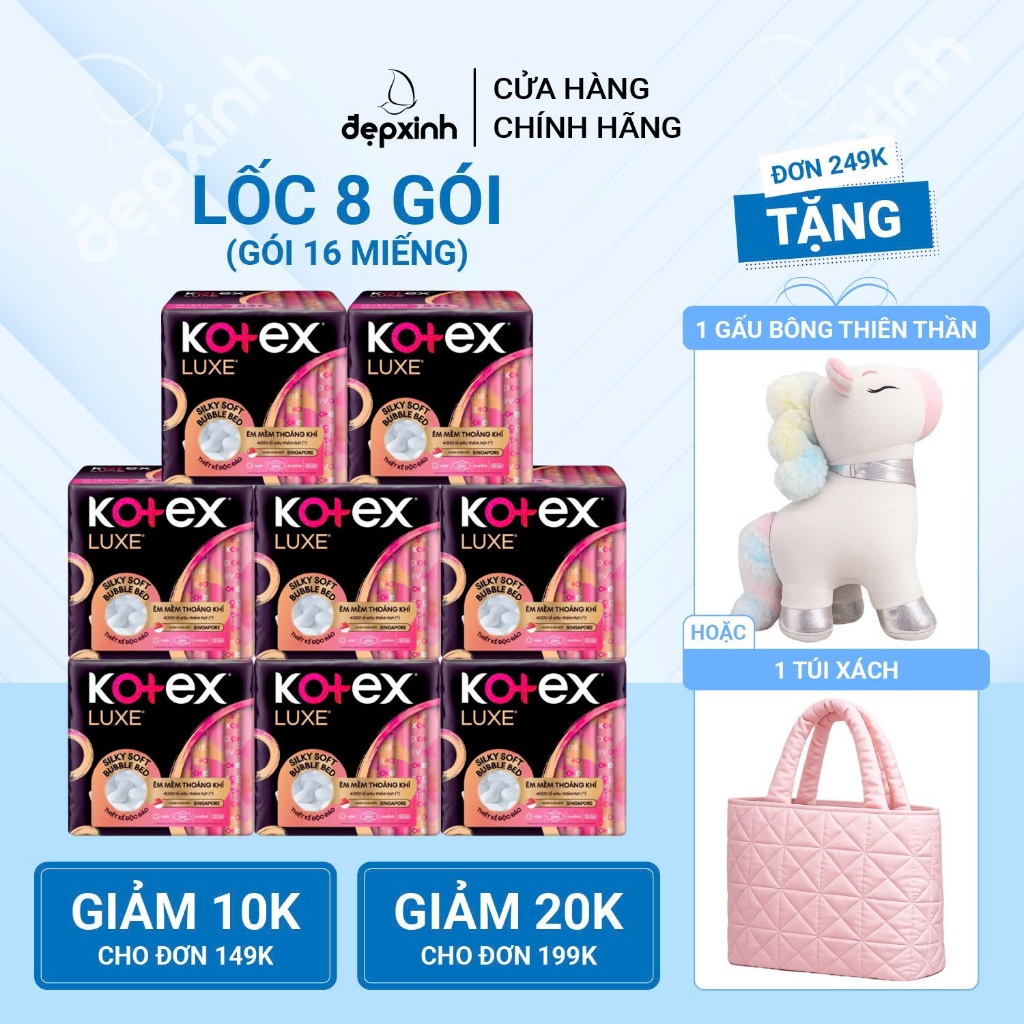 Lốc 8 gói Băng vệ sinh Kotex Luxe ban ngày có cánh 23cm x 16 miếng