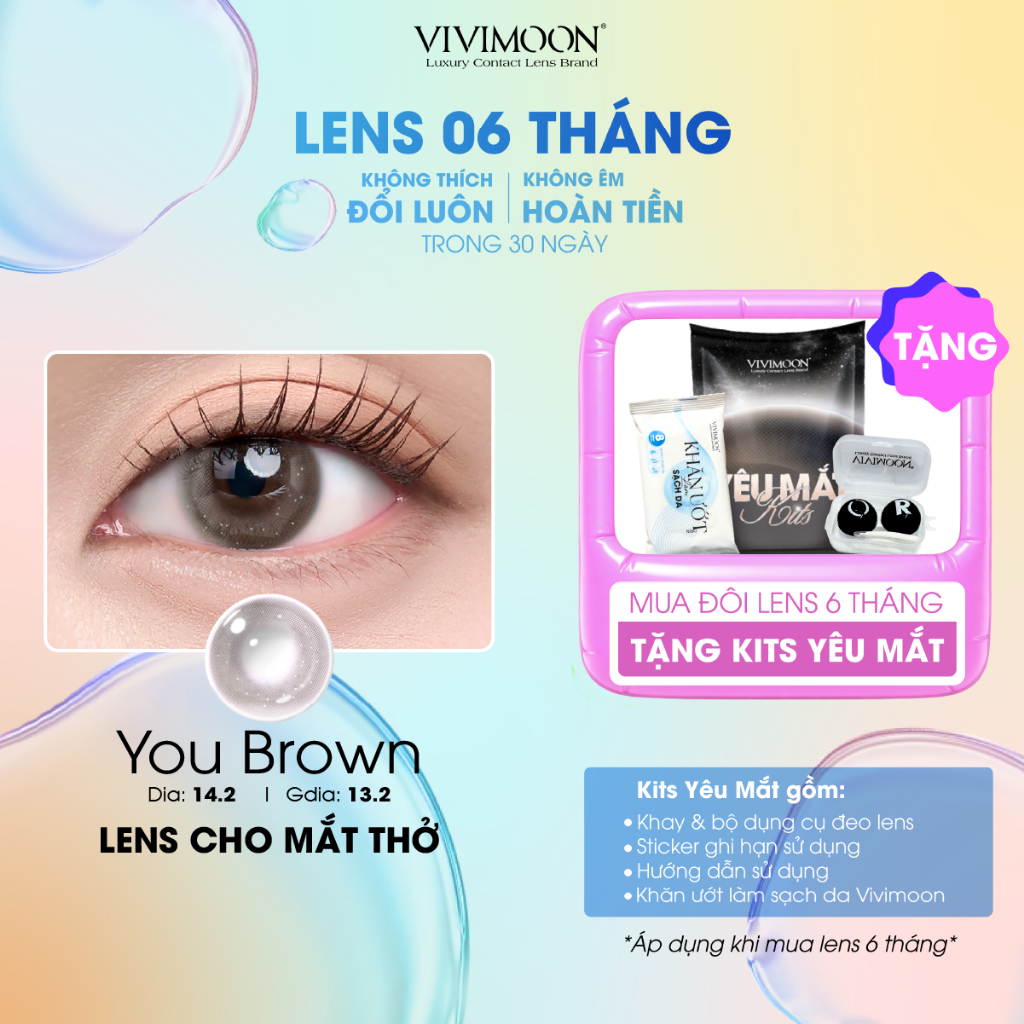 VIVIMOON lens cận cho mắt thở 6 tháng, kính áp tròng màu nâu vân nhũ You Brown độ từ 0 đến 8