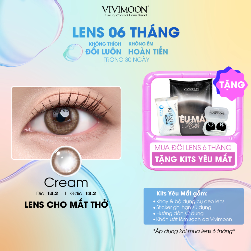 VIVIMOON lens cận nâu tây cho mắt thở CREAM, kính áp tròng 6 tháng độ cận từ 0 đến 8, Dia 14.2mm