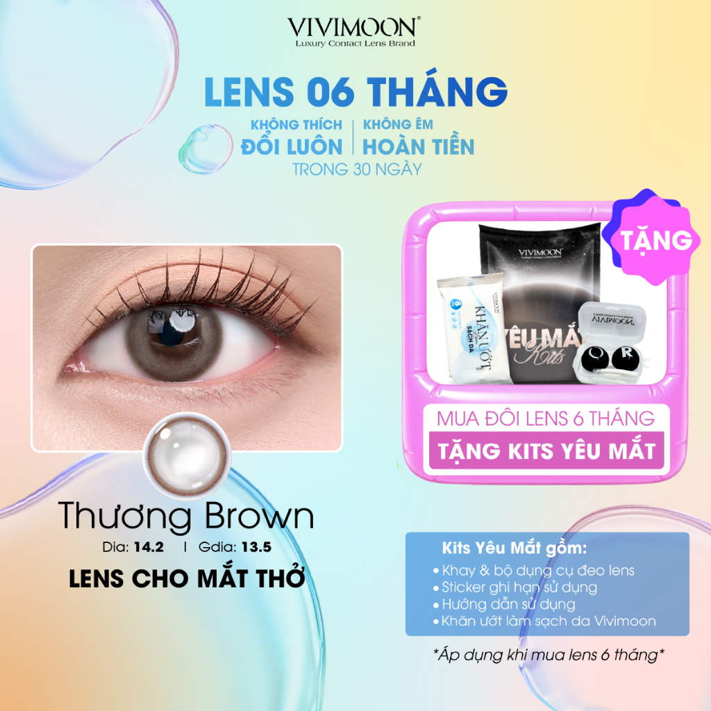 VIVIMOON kính áp tròng màu nâu THƯƠNG BROWN, lens cận cho mắt thở, hạn sử dụng 6 tháng