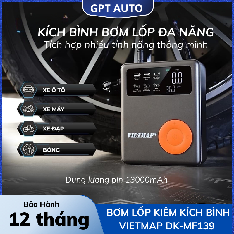 Bơm Lốp Kích Bình DK-MF139 - Đa Năng 5 Trong 1- Tự Ngắt Thông Minh - Bảo Hành 1 Năm