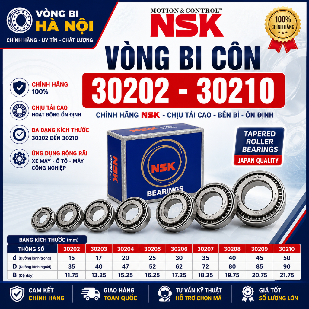 Vòng Bi Côn 30210 NSK Chính Hãng - Bạc Đạn Côn 30210 Chịu Tải Tốt, Chạy Êm, Bền Bỉ - Vòng Bi Hà Nội