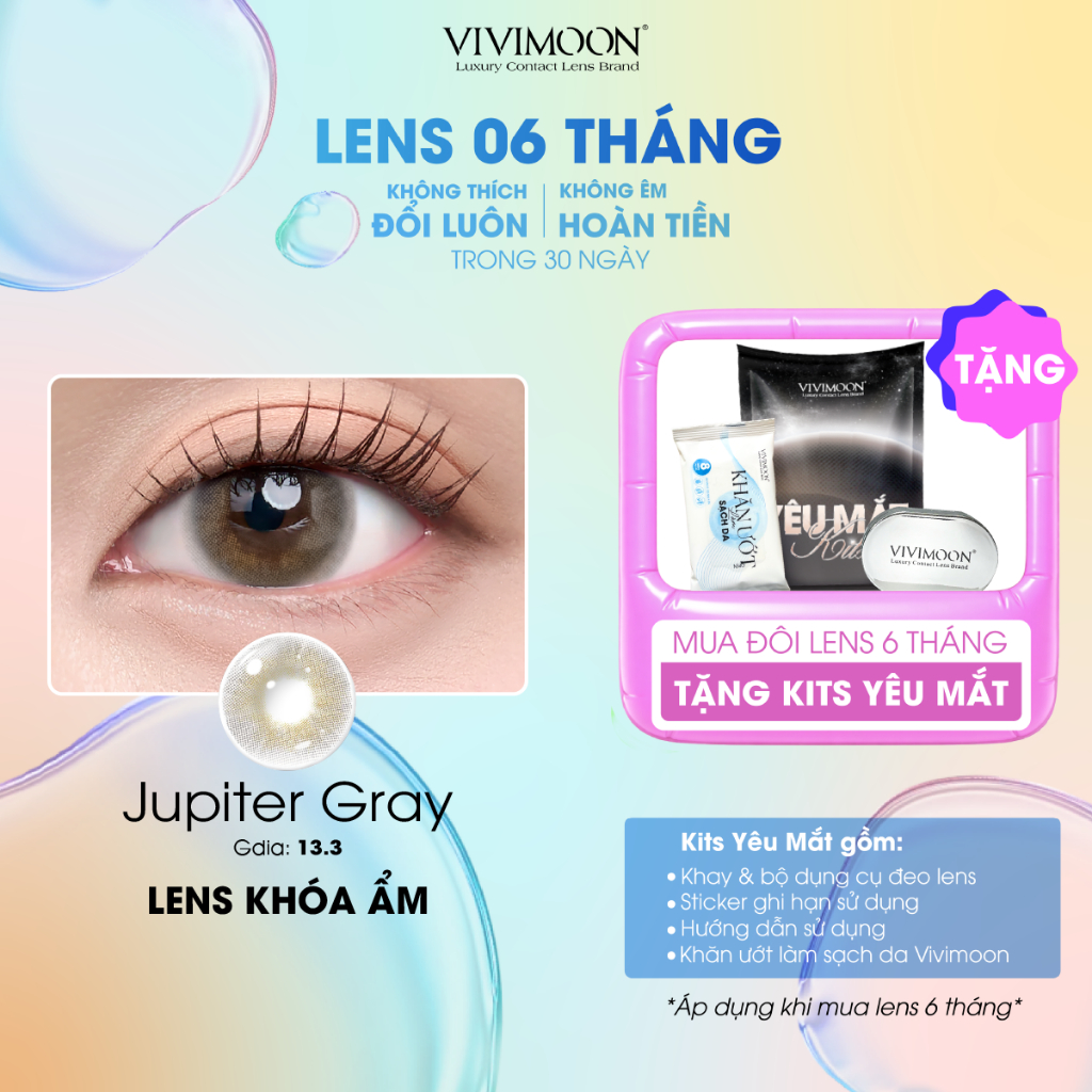 VIVIMOON lens khóa ẩm cận màu xám pha ánh vàng, kính áp tròng 3 - 6 tháng Jupiter Gray