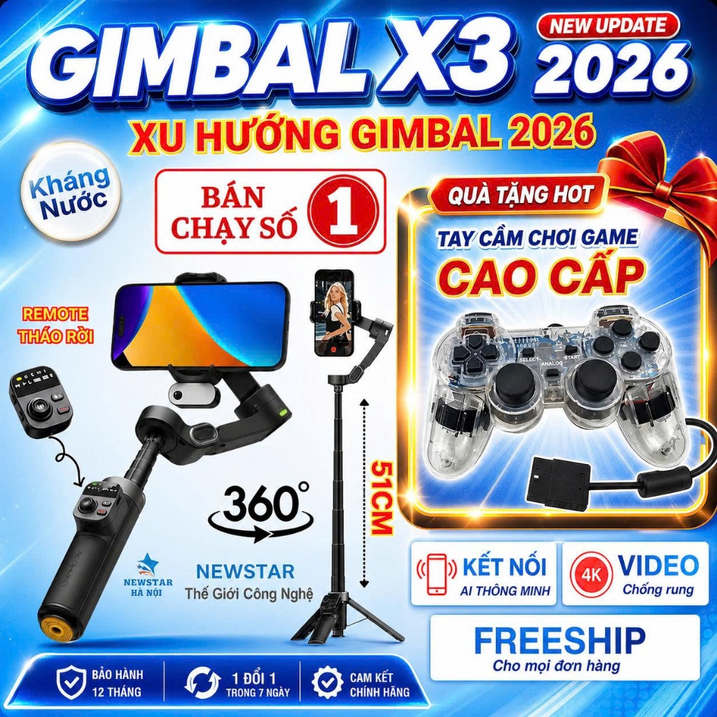 Gimbal điện thoại smart X3, Gậy gymbal chống rung 360 độ bản nâng cấp mới nhất 10.0 Tracking 2026