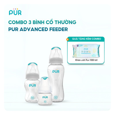 Combo 3 bình sữa cho bé Pur Advanced (60ml, 125ml, 250ml) + tặng 1 gói khăn ướt 100 Tờ