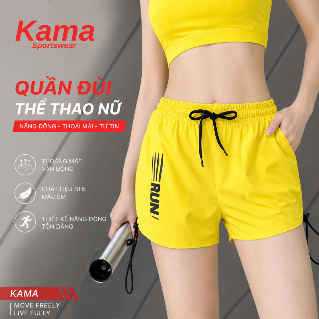 Quần đùi thể thao nữ Kama sport, quần đùi dây rút chất gió mềm chuyên chạy, aerobic, gym, pickleball
