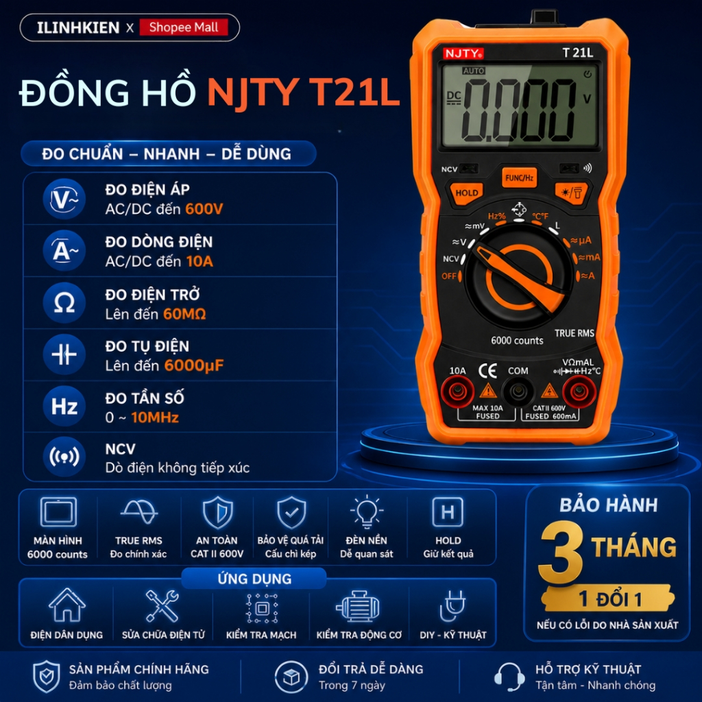 Đồng Hồ Đo Điện Vạn Năng NJTY T21L Đo Điện Xoay Chiều/Tụ Điện/Điện Áp Siêu Nhanh Chất Lượng Cao ILin