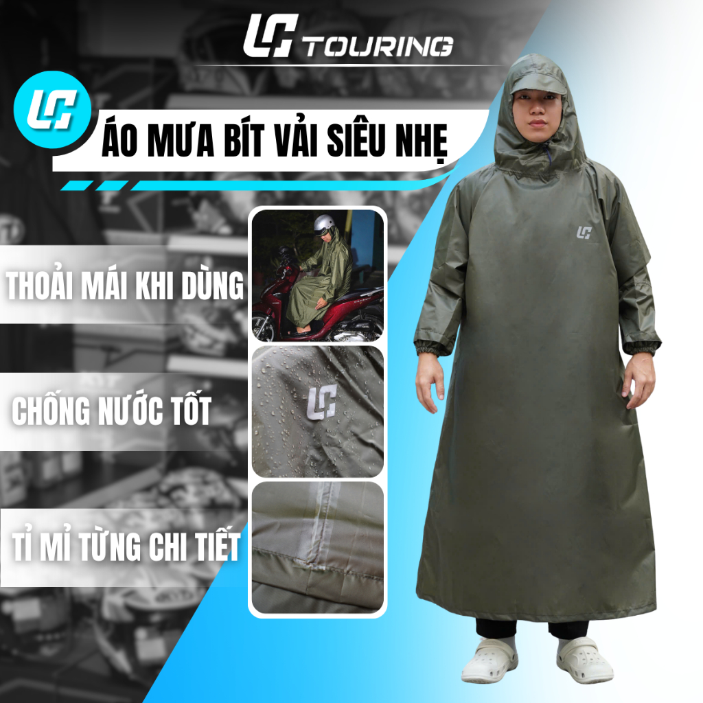 Áo mưa BÍT LC chất vải dù SIÊU NHẸ Freesize, chống thấm tốt, nhanh khô FORM rộng kín người - LC Tour