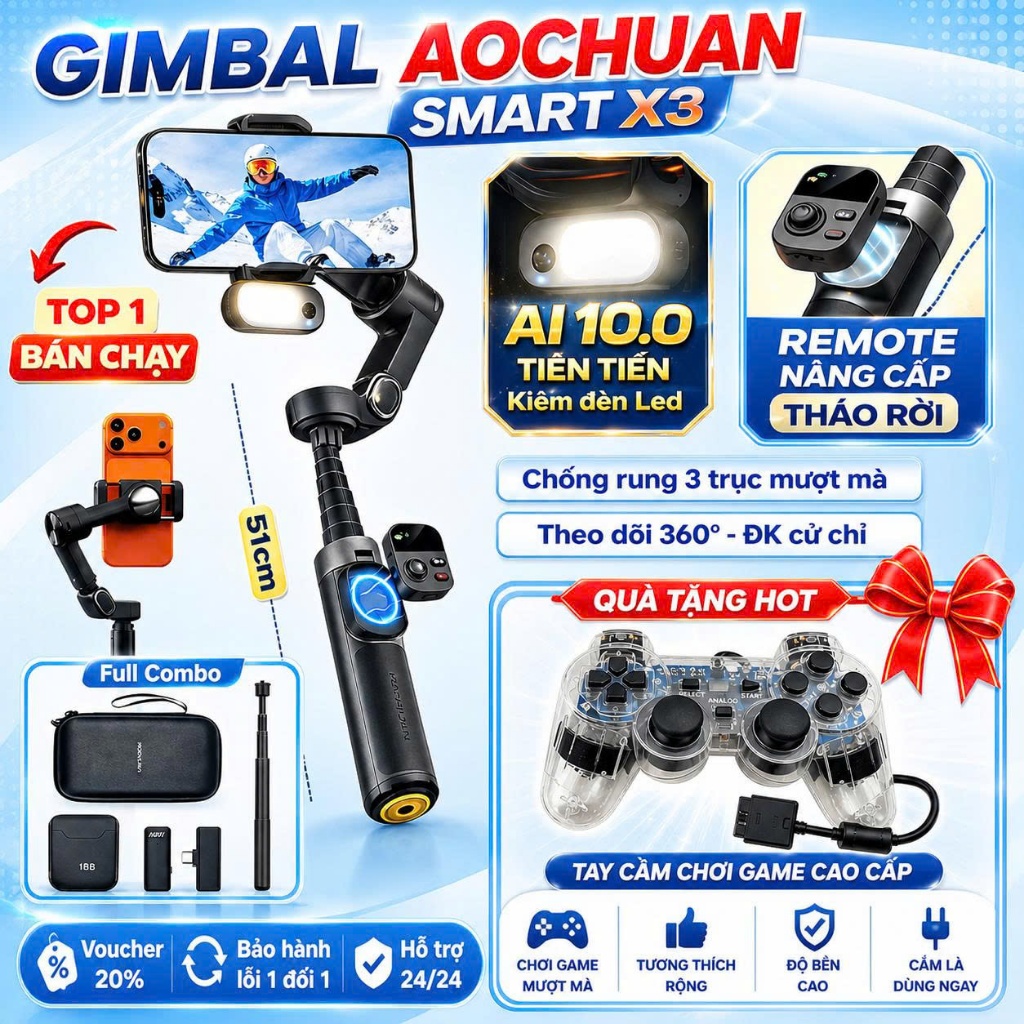 Gimbal chống rung điện thoại Smart X3, Tay cầm chống rung chụp ảnh dựng video, Gymbal update 2026