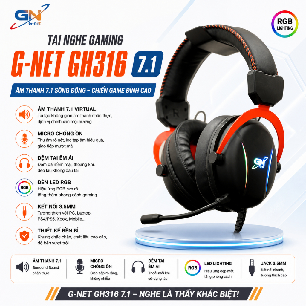 Thanh lý tai nghe G-Net Gh316 7.1 RGB khung kim loại chính hãng loại 1 giá cực tốt