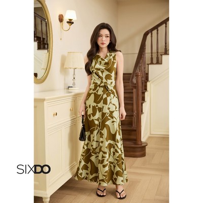 Đầm lụa sát nách cổ đổ xoắn eo SIXDO (Green nuggets Silk Flared Dress)