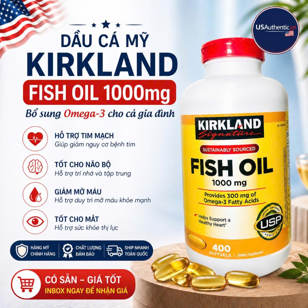 Kirkland Signature Fish Oil 1000mg 400 Viên – Dầu Cá Mỹ, Bổ Sung Omega-3