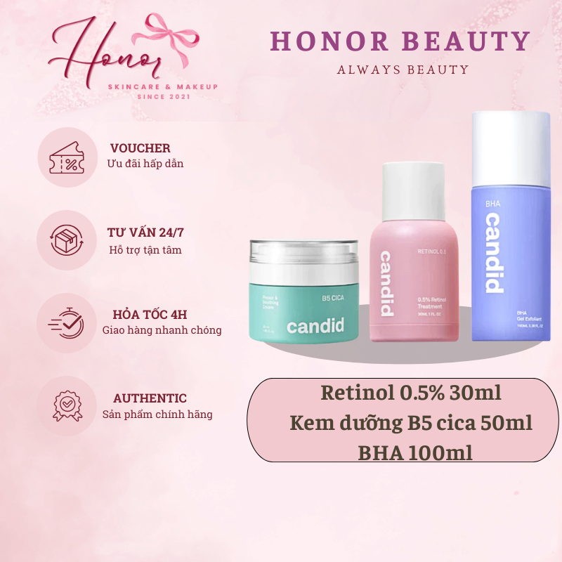 Bộ Ba Hỗ Trợ Cải Thiện Và Phục Hồi Da Candid Retinol 0.5% 30ml & Kem Dưỡng B5 Cica 50ml & BHA 100ml
