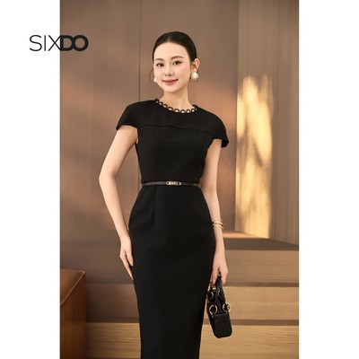 Đầm bút chì ngắn tay cổ phối ren kèm đai SIXDO (Black Woven Pencil Dress With Belt)