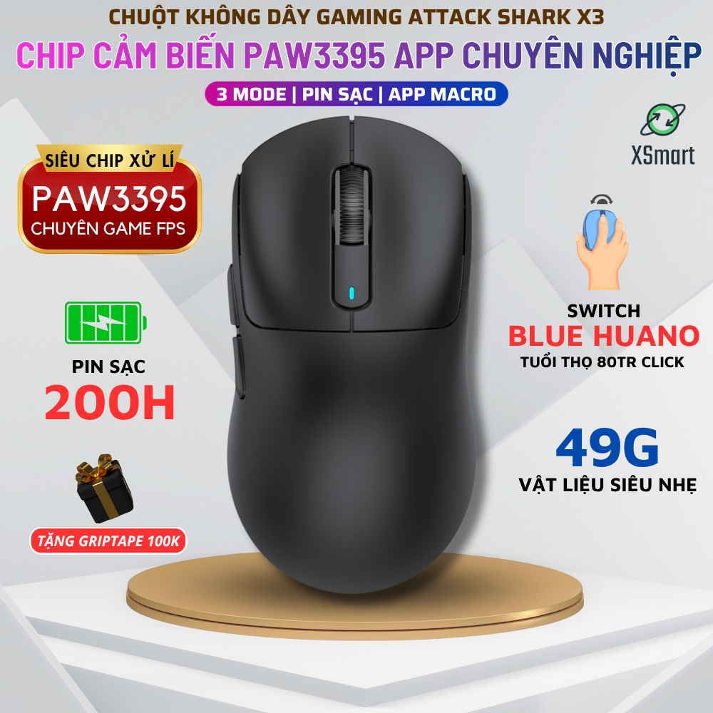 Chuột Máy Tính Bluetooth Không Dây Siêu Chip PAW3395 Attack Shark X3 PRO Tặng Grip Tape, Chuyên Game