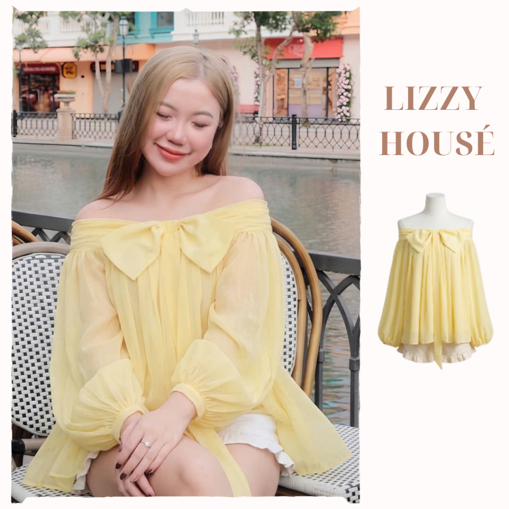 [ Deal mở bán] Min Lizzy - Áo trễ vai nơ bản to màu vàng pastel Lizzy Housé