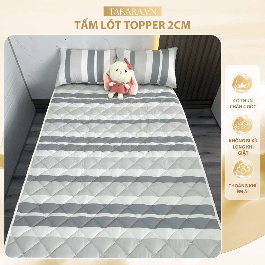 TAKARA Tấm Topper 2–3cm Bảo Vệ Nệm Thoáng Khí Có Thun 4 Góc Đủ Size 1mx2m – 1m8x2m