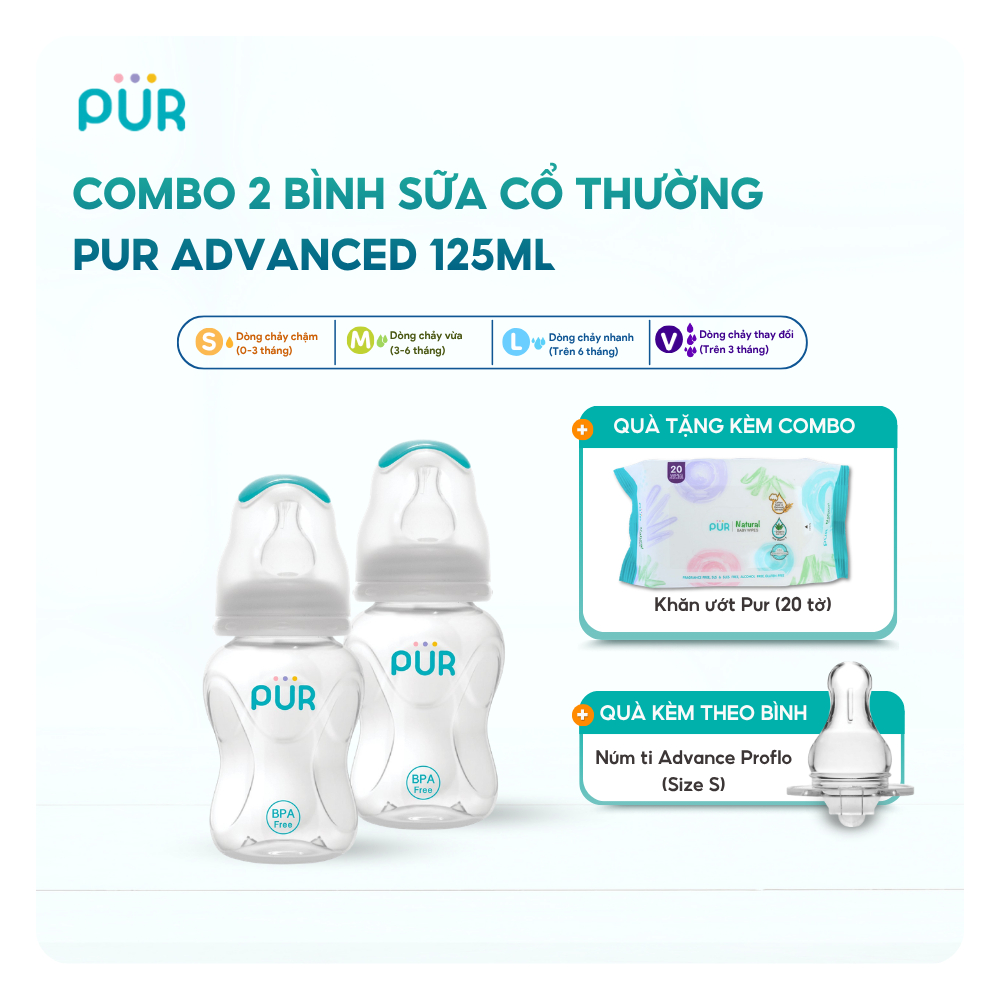 Combo 2 bình sữa cho bé Pur Advanced màu125ml, mỗi bình có sẵn núm S (0-3th)