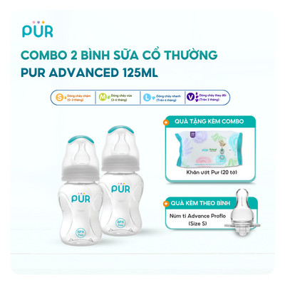 Combo 2 bình sữa cho bé Pur Advanced màu125ml, mỗi bình có sẵn núm S (0-3th)