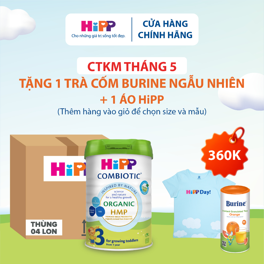 [Tặng trà Burine] Thùng 4 lon Sữa bột công thức HiPP 3 Organic Combiotic 800g