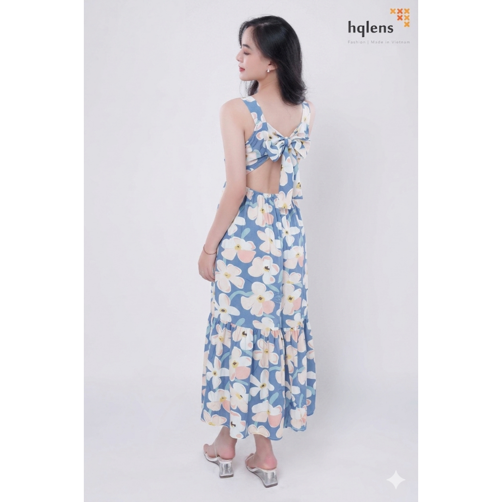 Đầm Maxi Nơ Sau Hqlens - Váy Maxi Đi Biển Dáng Dài Chất Lanh Hoa Cao Cấp (Sz M-XL)