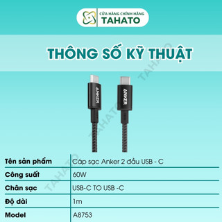 Cáp sạc Type c to typec c  60W dây sạc Anker TAHATO dây sạc nhanh cho iP 15 trở lên - Androi chiều dài 1m A8753