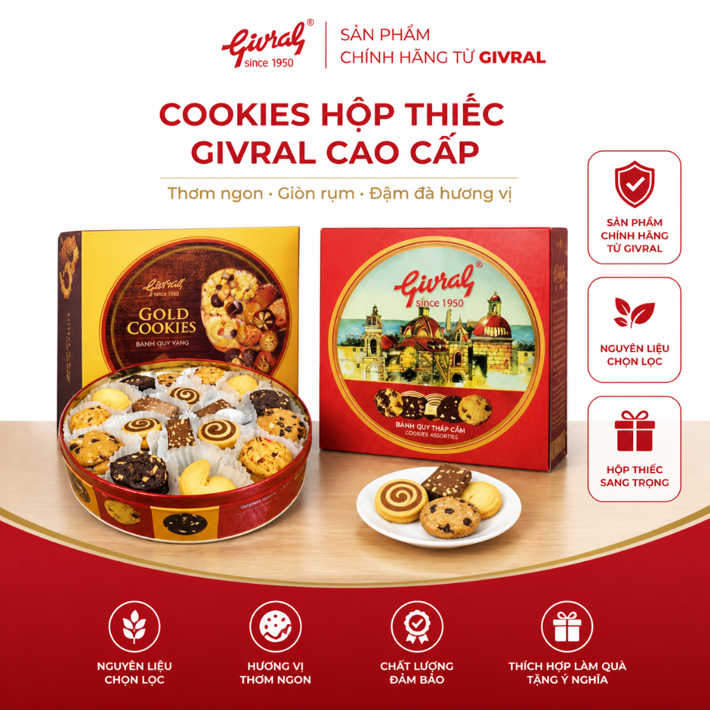 Cookies Hộp Thiếc Givral Cao Cấp | Gold Cookies 320g & Cookies Hộp Thiếc 500g | Quà Biếu Sang Trọng