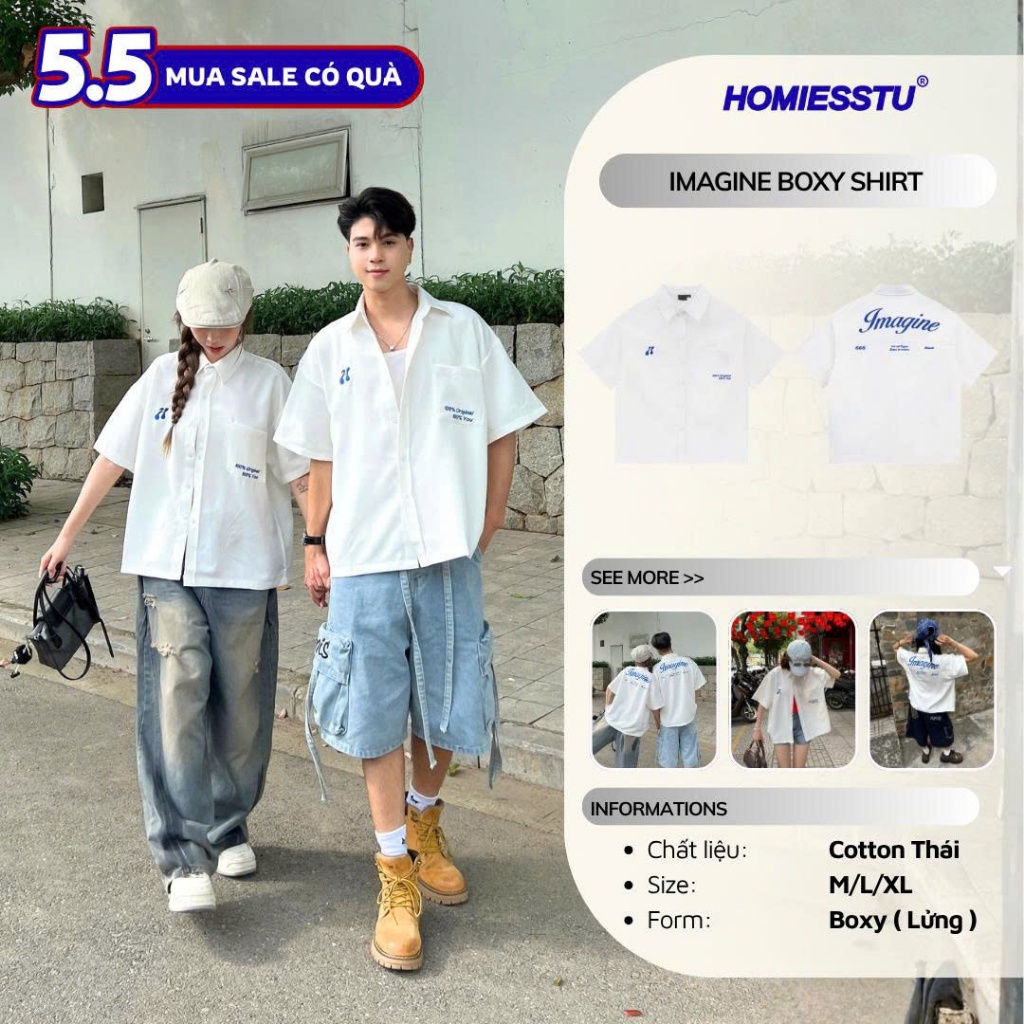 Áo Sơ Mi Trắng Cotton Form Boxy IMAGINE Thêu 3D Local Brand Unisex Nam Nữ - Homies Saigon | BigBuy360 - bigbuy360.vn