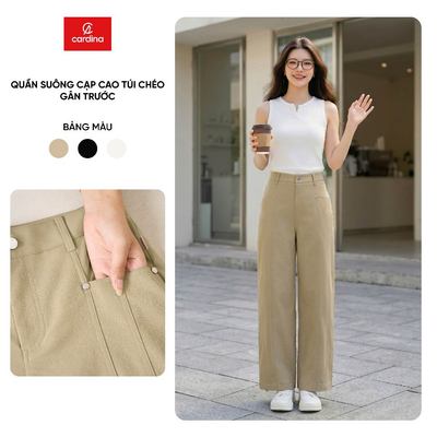 Quần dài nữ CARDINA chất liệu kaki dáng suông cạp cao túi chéo gân trước 6QDT14