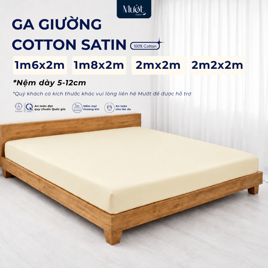 Ga giường 1m6x2m, 1m8x2m, 2mx2m, 2m2x2m (Dày 5-12cm) Cotton Satin Mướt Home, drap giường 100% cotton