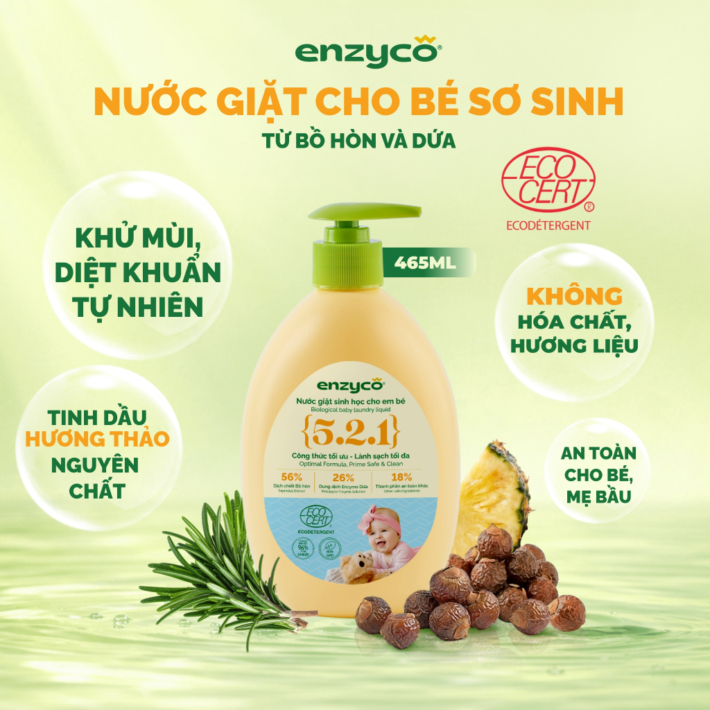 Nước giặt sinh học cho em bé ENZYCO 465ml, Đạt Chuẩn Quốc Tế Ecocert - Chiết xuất Bồ hòn và Enzyme D