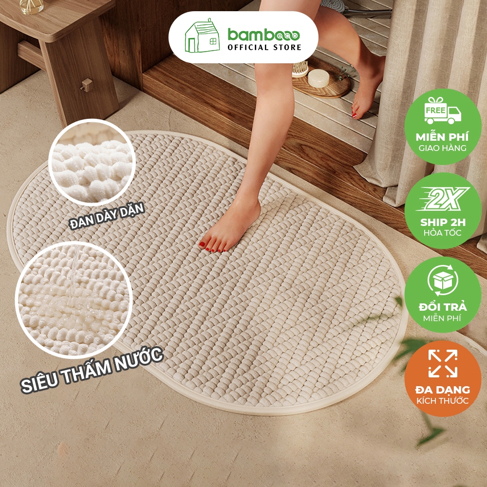 Thảm oval nhung phòng tắm BAMBOOO ECO – siêu thấm hút, đế cao su chống trượt, nhanh khô