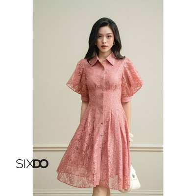 Đầm sơ mi ren hồng ngắn tay cổ đức SIXDO (Pink Lace Flared Dress)