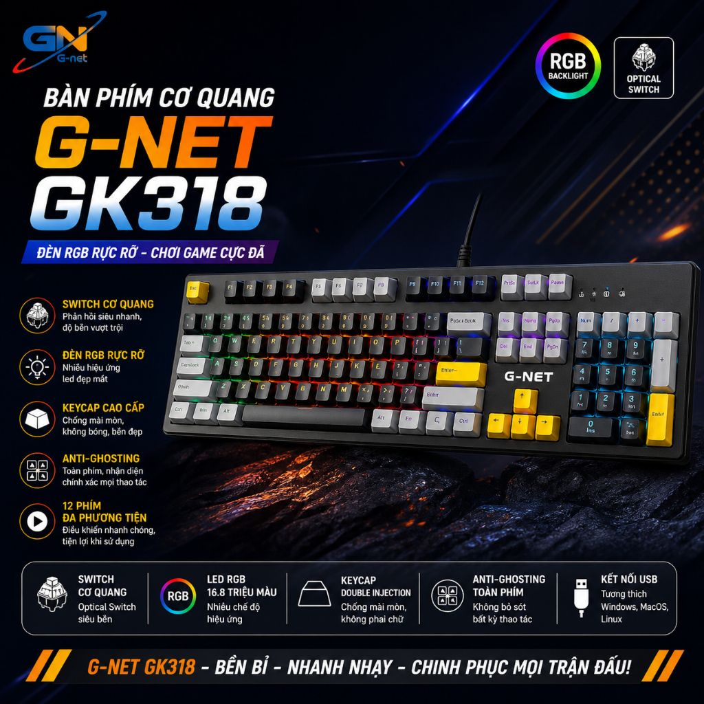 Thanh lý bàn phím cơ quang G-Net GK318 hotswap chống nước chính hãng loại 1 giá cực tốt