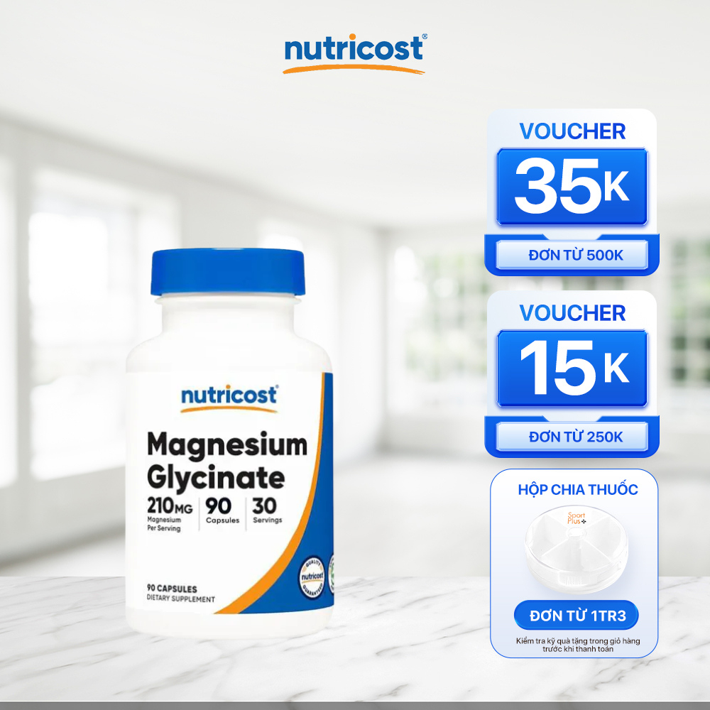 Viên magie hữu cơ Magnesium Glycinate Nutricost (90 viên) hỗ trợ giấc ngủ, giảm stress, chuột rút