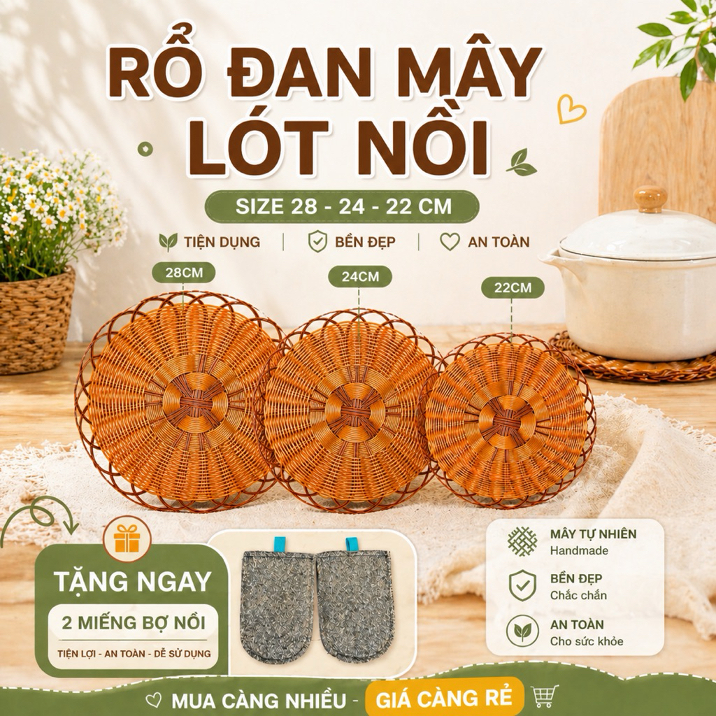 Rổ nhựa đan lót nồi kiểu mây 20-25-27cm