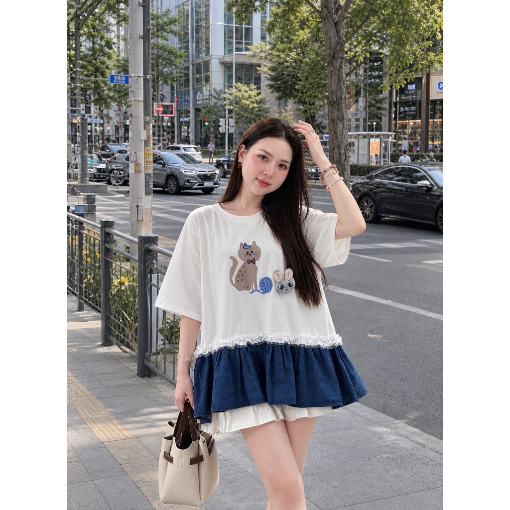 [Minn.studio] Áo Babydoll In Mèo phối bèo jean Kèm Charm