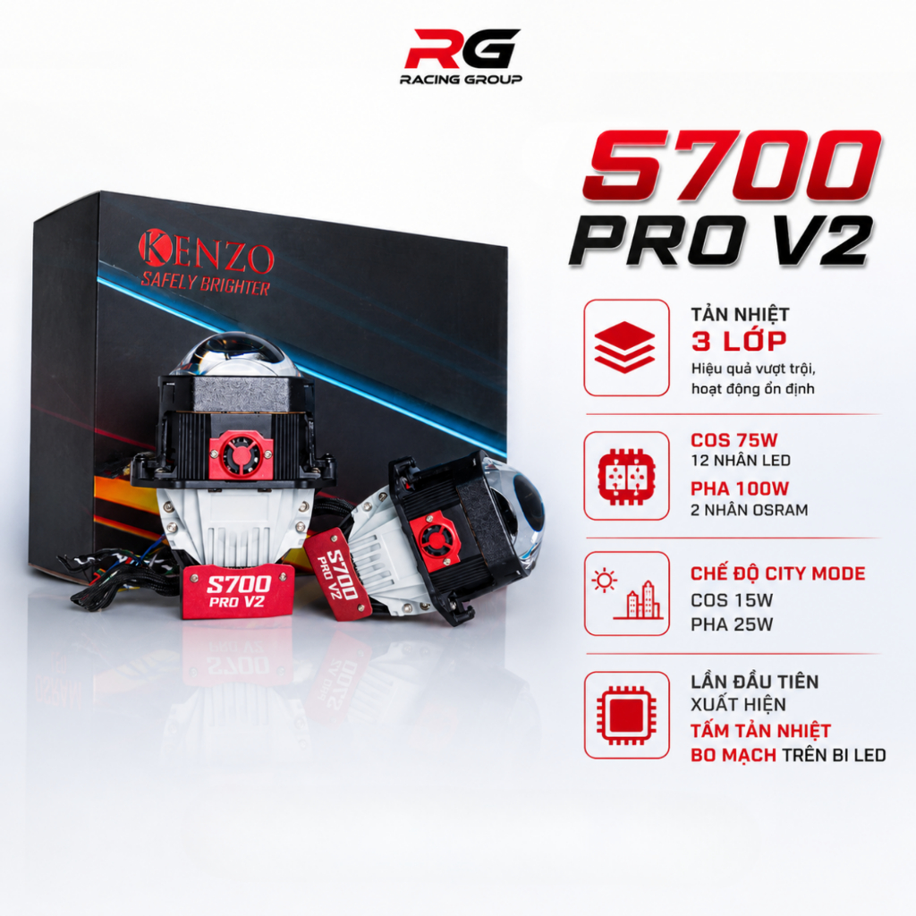 Bi Cầu Kenzo S700 Pro V2 75W-100W 6000K 3.0 Inch Siêu Sáng Tản Nhiệt 3 Lớp Trực Tiếp Trên Bo Mạch