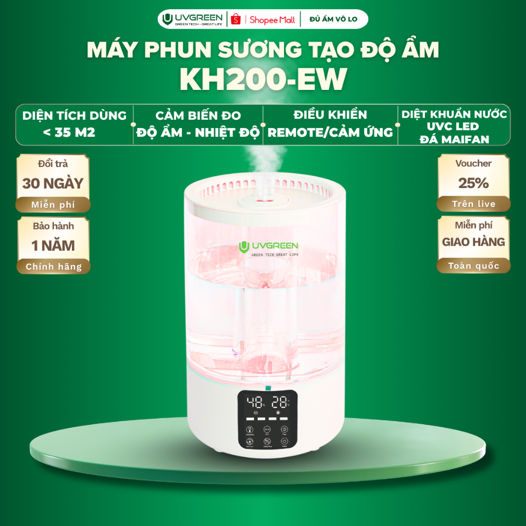 [VHL] Máy Phun Sương Tạo Ẩm UVGREEN KH200 5 Lít, UVC Diệt Khuẩn, Sương Siêu Mịn, Xông Tinh Dầu