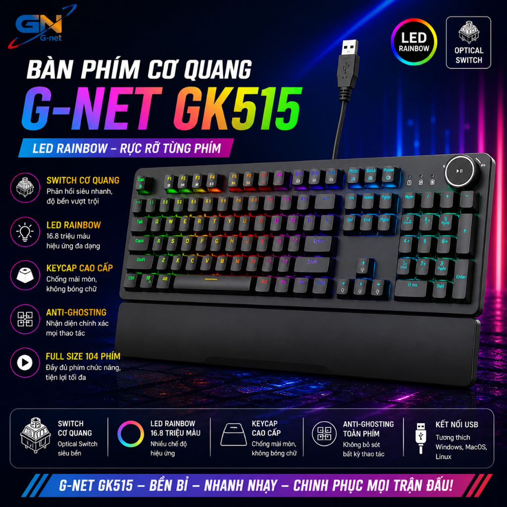 Thanh lý bàn phím cơ quang G-Net GK515 led rainbow có núm âm lượng chính hãng loại 1 giá cực tốt