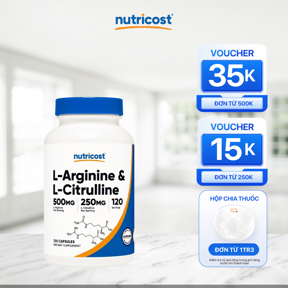 Viên uống L-Arginine & L-Citrulline Nutricost 120 viên của Mỹ, pump phồng cơ, tăng sức mạnh, sức bền