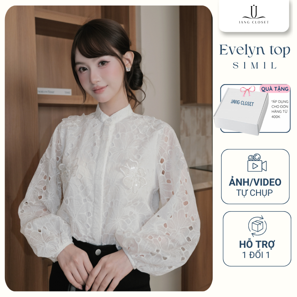 [JANGCLOSET] Áo sơ mi nữ cổ tàu phối họa tiết hoa Evelyn Top phù hợp đi làm đi chơi Jang Closet