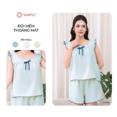Đồ bộ mặc nhà nữ SUNFLY đũi mềm mát áo sát nách quần sooc ST9389